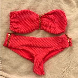 hot pink strapless cheeky bikini
